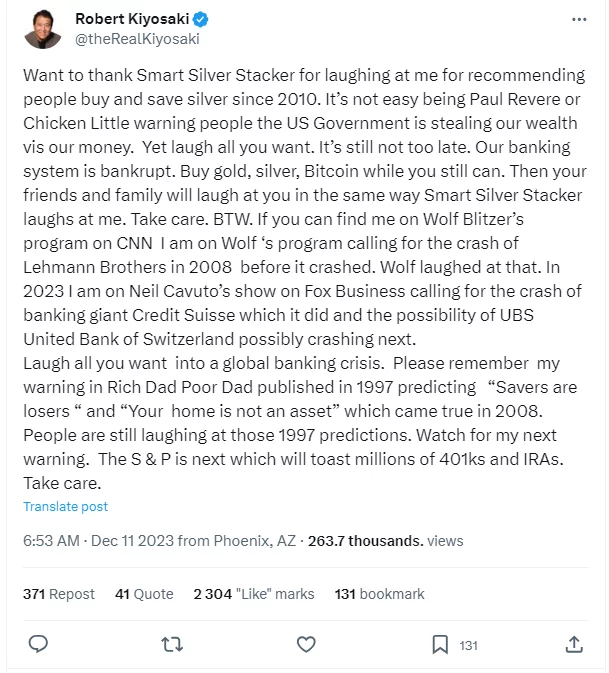 Il tweet di Robert Kiyosaki sull'allarme del crollo dell'S&P - 11 dicembre 2023.